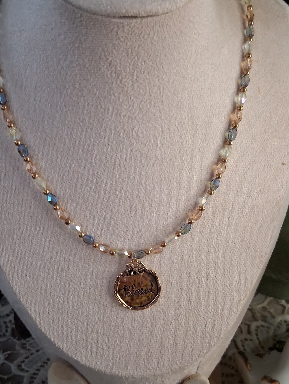 Beaded 'Blessed' Pendant Necklace in Champagne and Gold